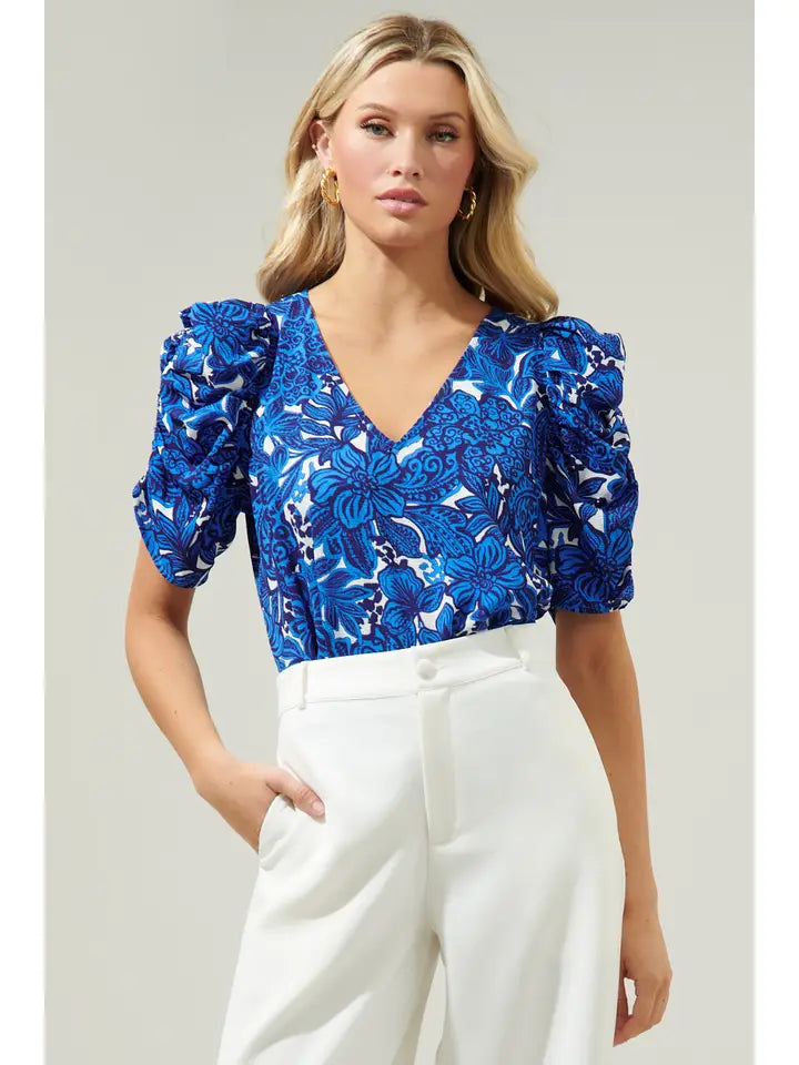 Caspian Floral Ruched Sleeve Top