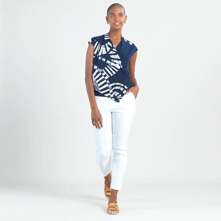 Track Print Cross Over Soft Knit Pull-Over Top