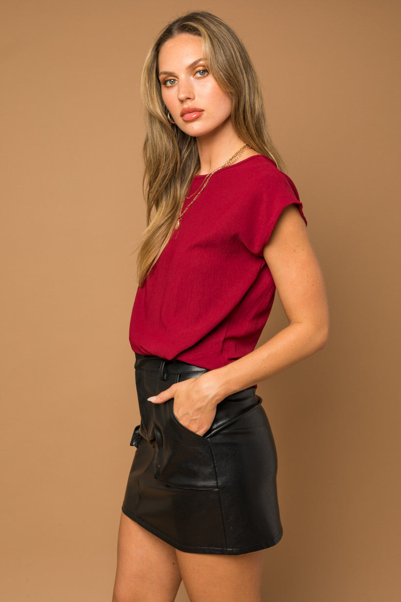 Faux Knotted Tucked Blouse, Burgundy