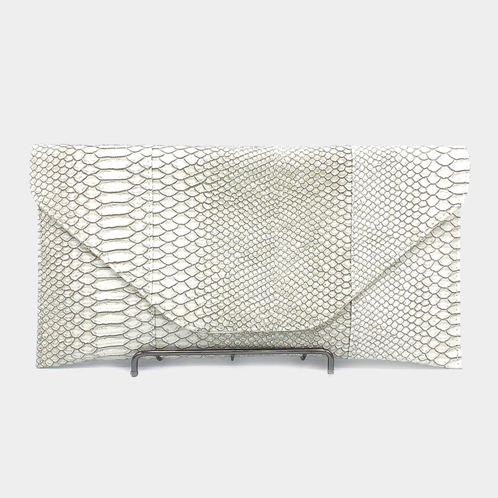 Faux Snake Skin Oversized Clutch, White