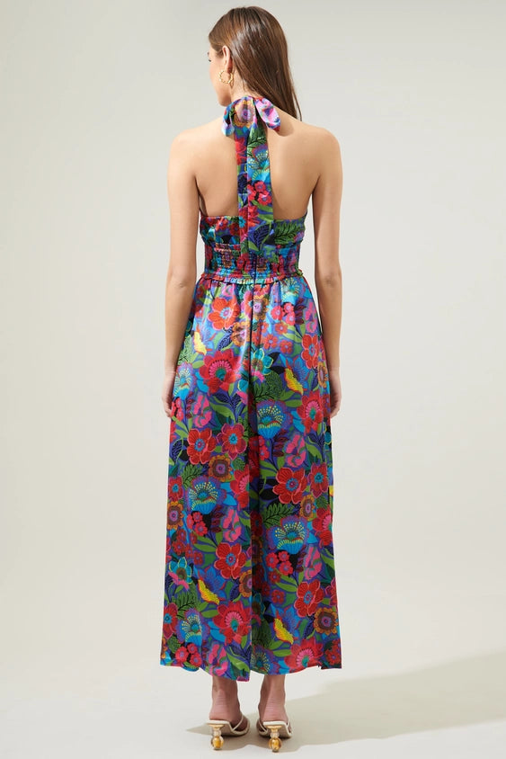 Silky Floral Halter Maxi Dress