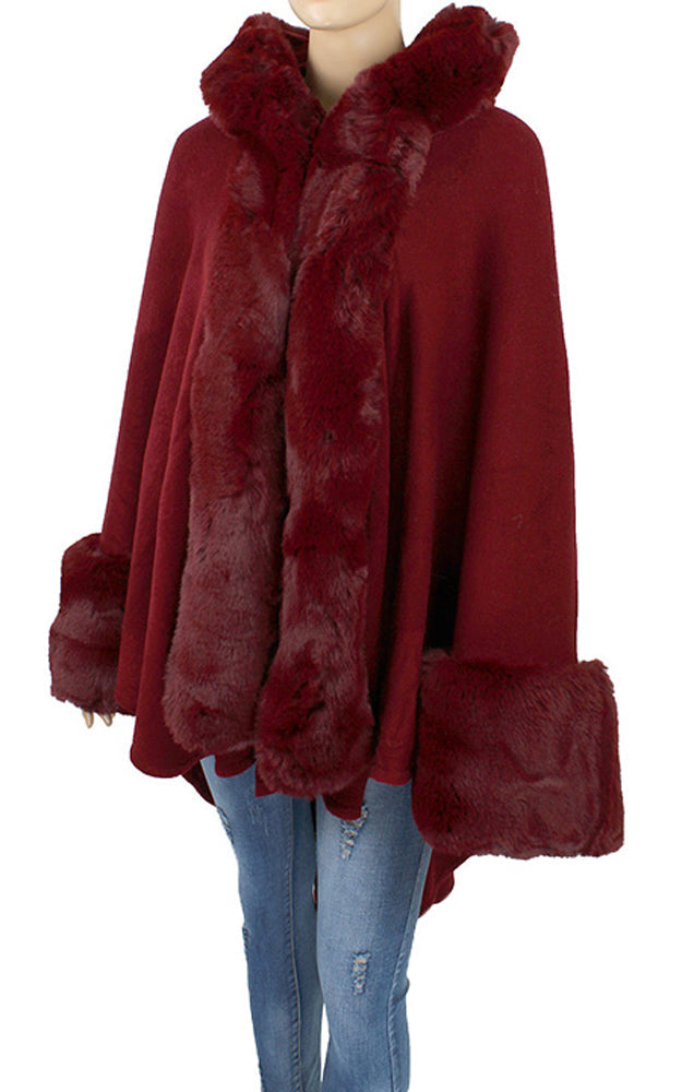 Hooded Wrap w/ Faux Fur Trim, Burgundy