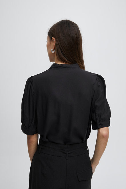 Puff Sleeve Button Up Blouse, Black