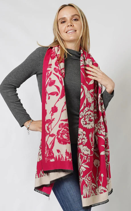 Reversible Floral Wide Scarf, Fuchsia