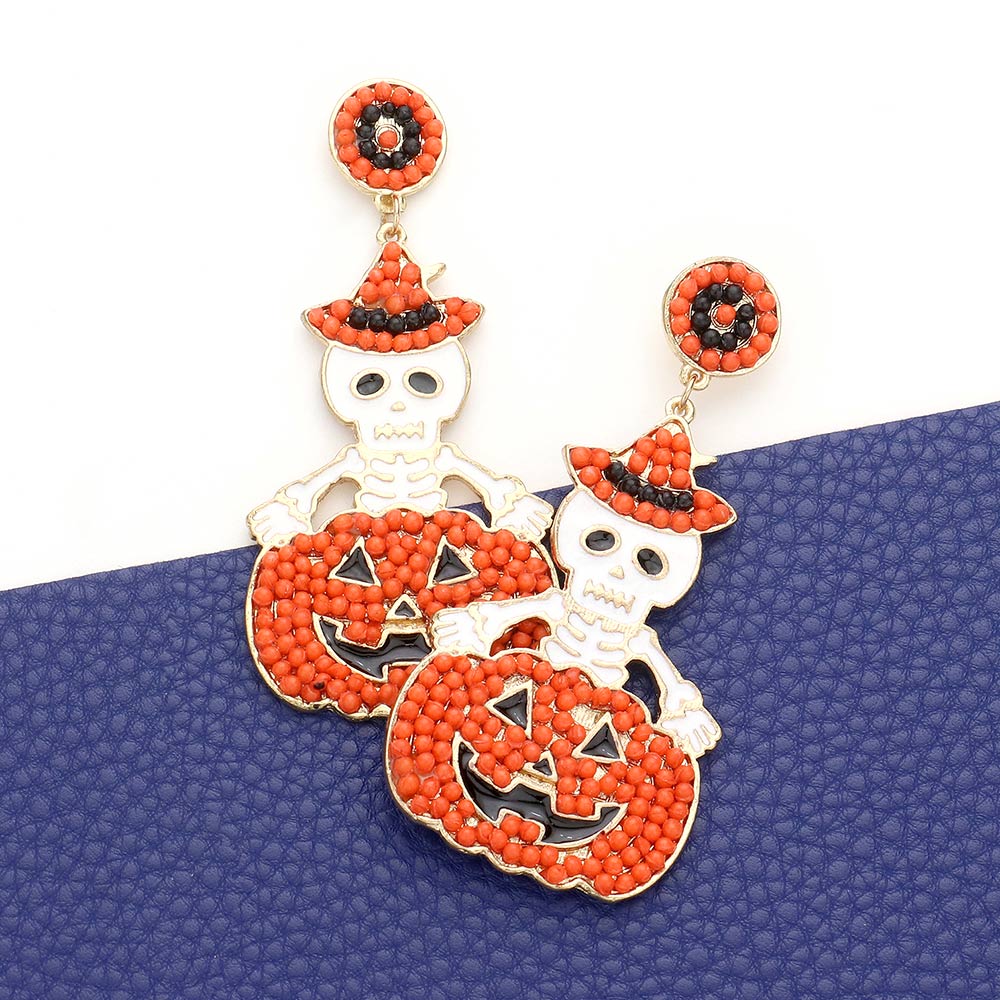 Skeleton Jack-O-Lanter Earrings, Orange