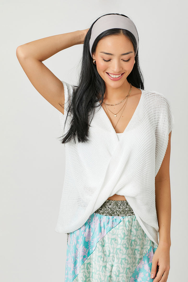 Twist Front Short Sleeve Sweater, Off White