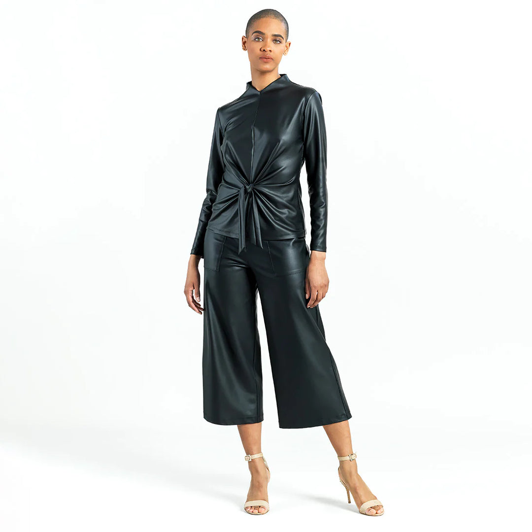 Faux Leather Center Front Tie Top, Black