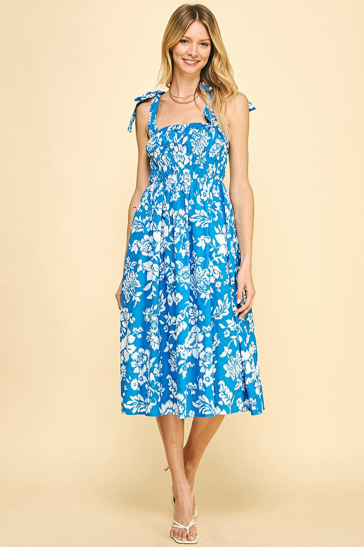 Tie Strap Floral Midi Dress w/ Pockets, Blue
