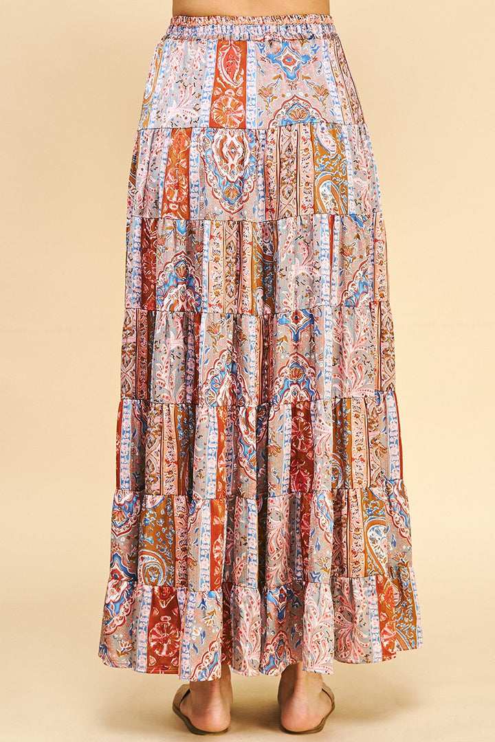 Tiered Paisley Maxi Skirt, Camel/Pink