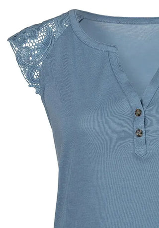 Women's Short Lace Sleeve Knit Top Blue V-Neck with Buttons