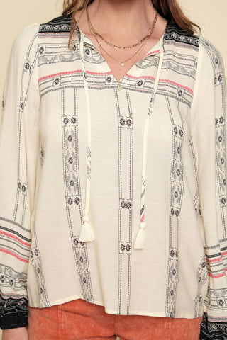 Boho Long Sleeve Border Print Blouse Cream