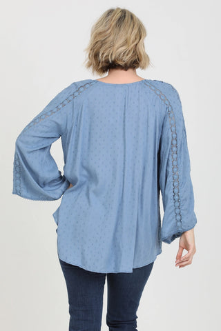 Elemental Blue Swiss Dot Top Open Crochet Bell Sleeve Blouse