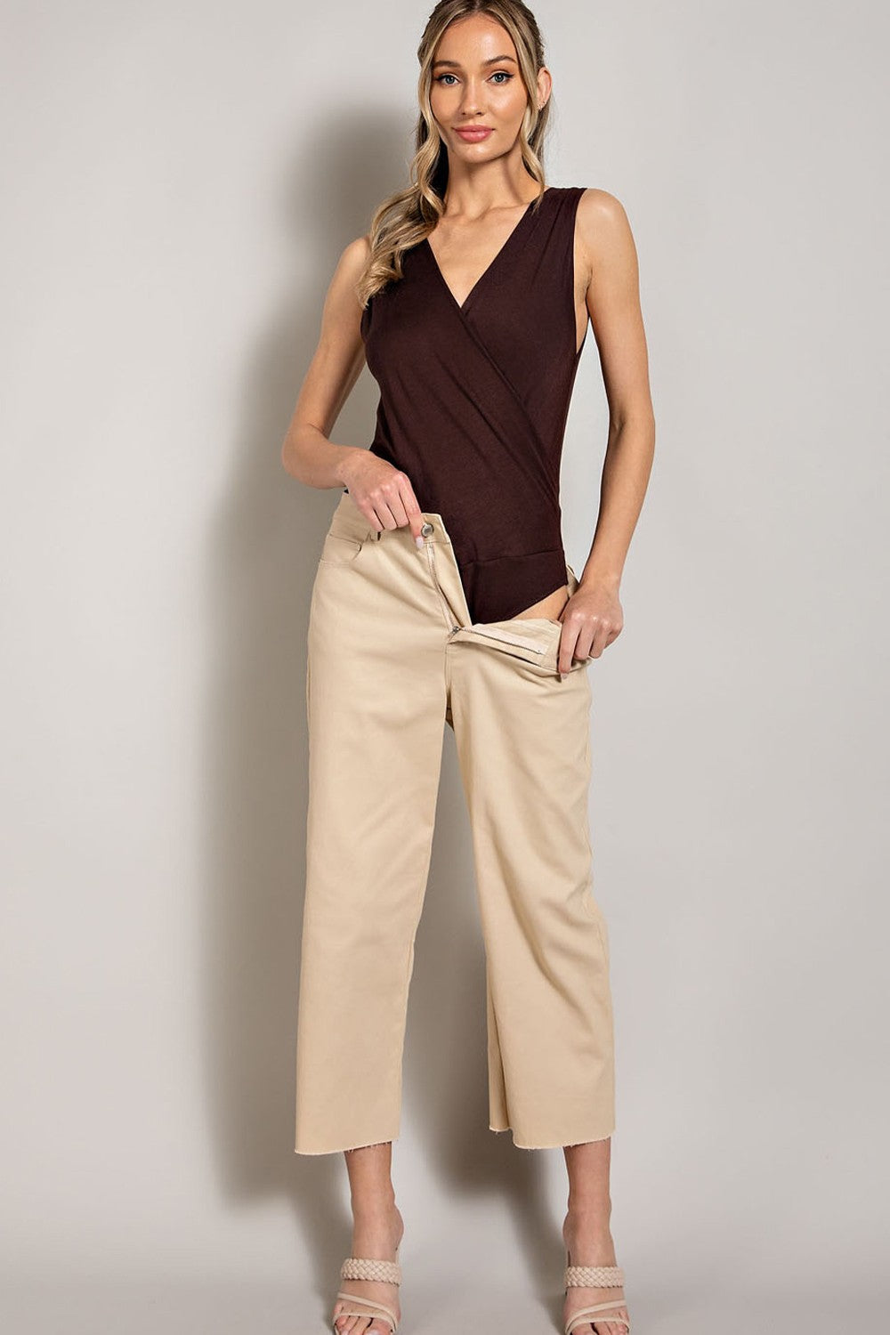 Surplice Knit Tank Bodysuit, Choco Latte