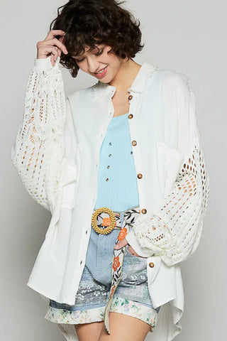Oversized Gauze Button Up with Crochet Sleeve Off White