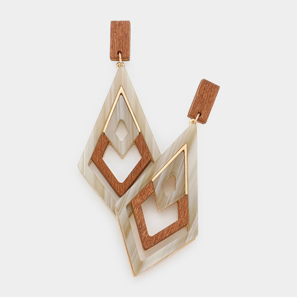 Angled Patterned Resin Wood Dangle Earring , Neutral