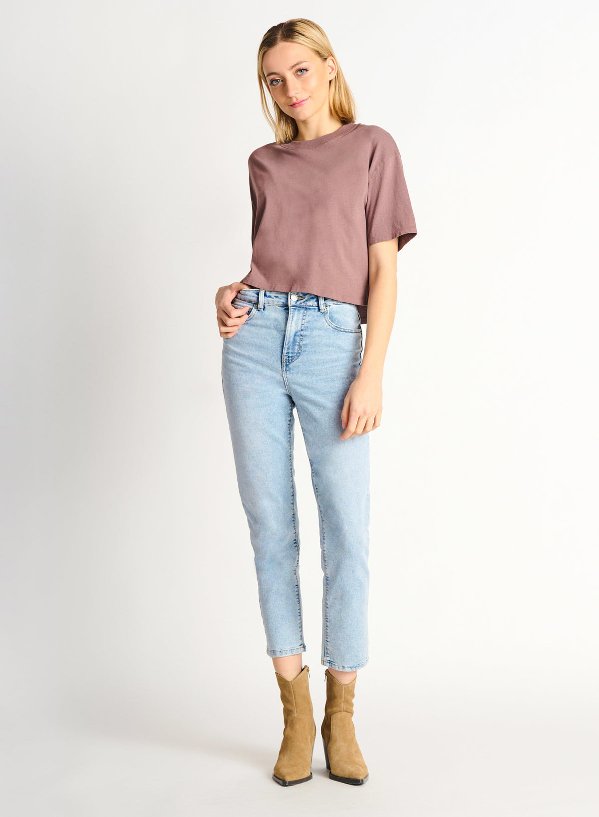 Boxy Short Sleeve Basic Tee, Blush Brown
