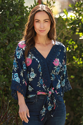 Tie Front Blue Floral Top with Crochet Trim and Pink Flowers