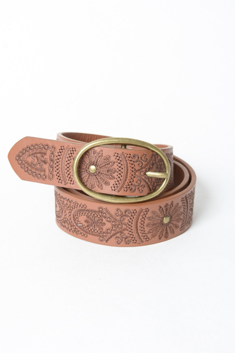 Floral Stitched Oval Buckle Belt, Camel