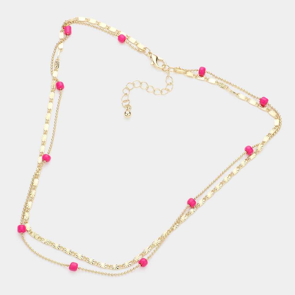 Bead Station Double Layer Necklace, Fuchsia