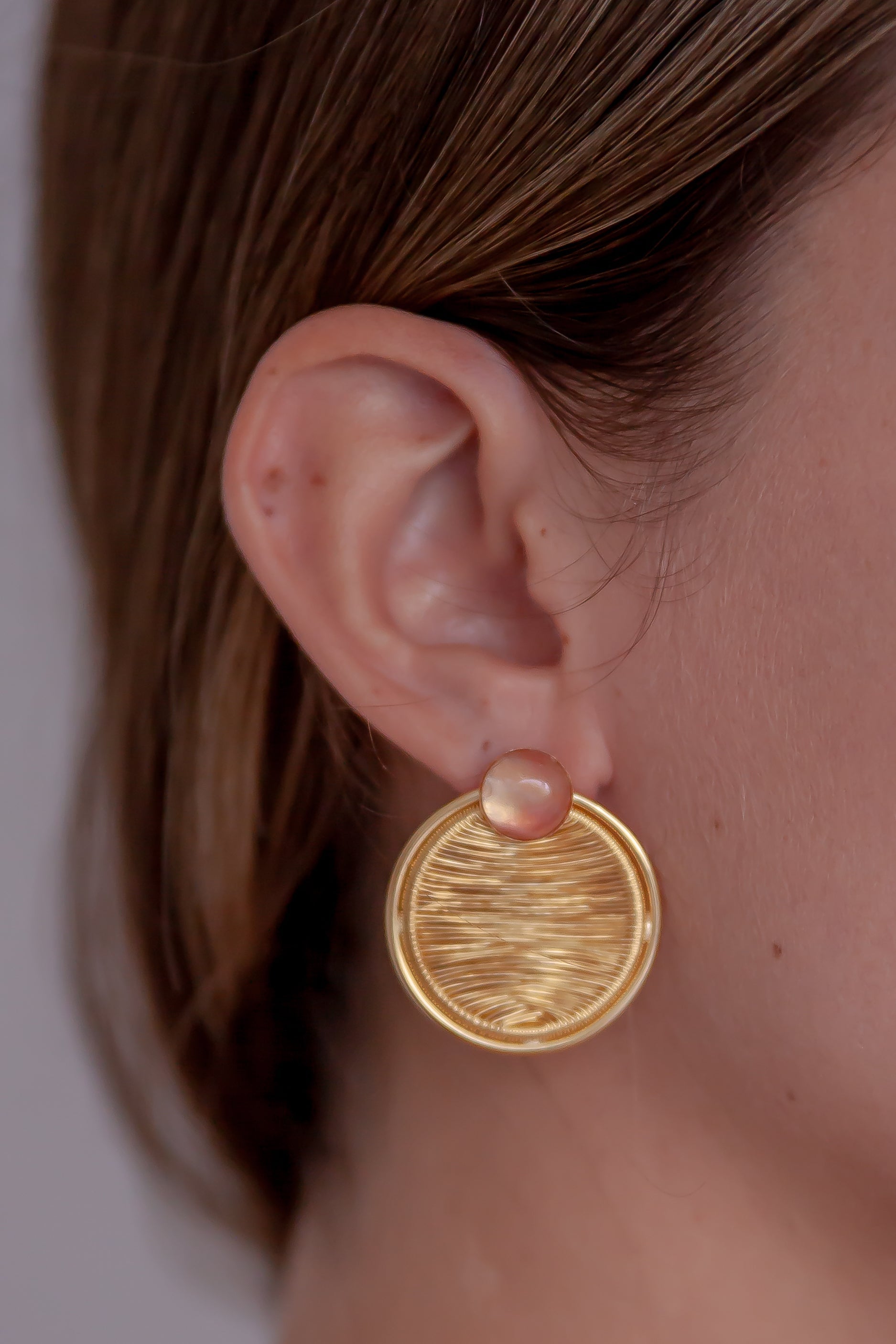 18K Wire Statement Hoop Stud Earring, Gold/Rose Quartz
