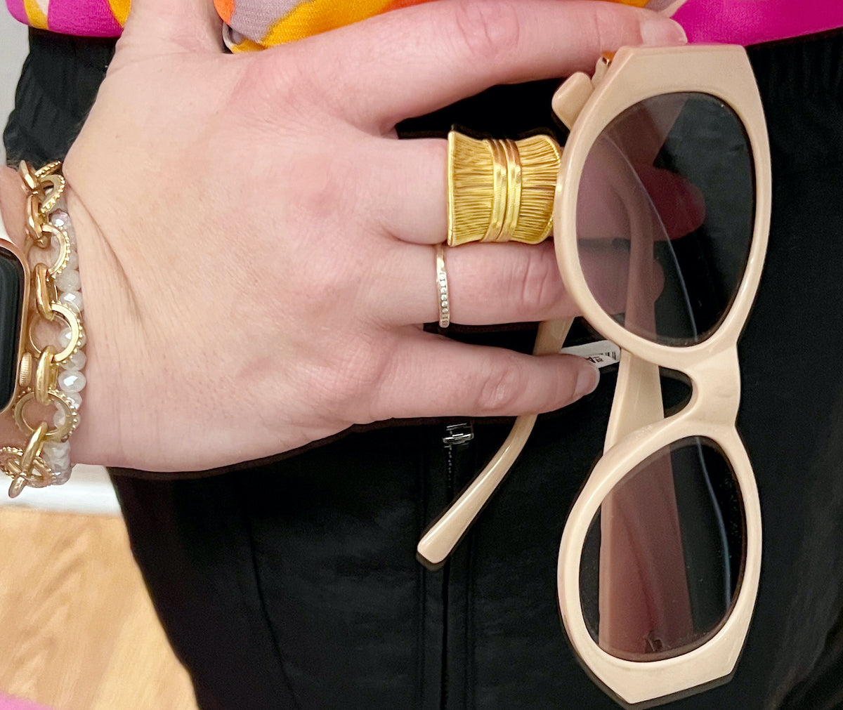 18K Gold Plated Statement Ring Herringbone Band, Gold