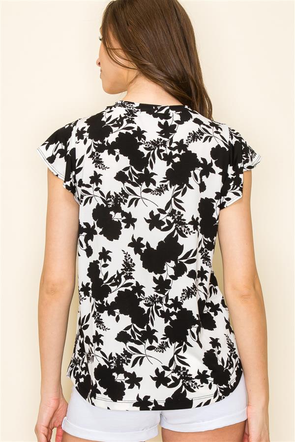 Flutter Sleeve Stretchy Floral Top w/ Gathered Bust