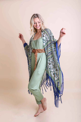 Boho Diamond Tassel Kimono Wrap with Tassels Blue