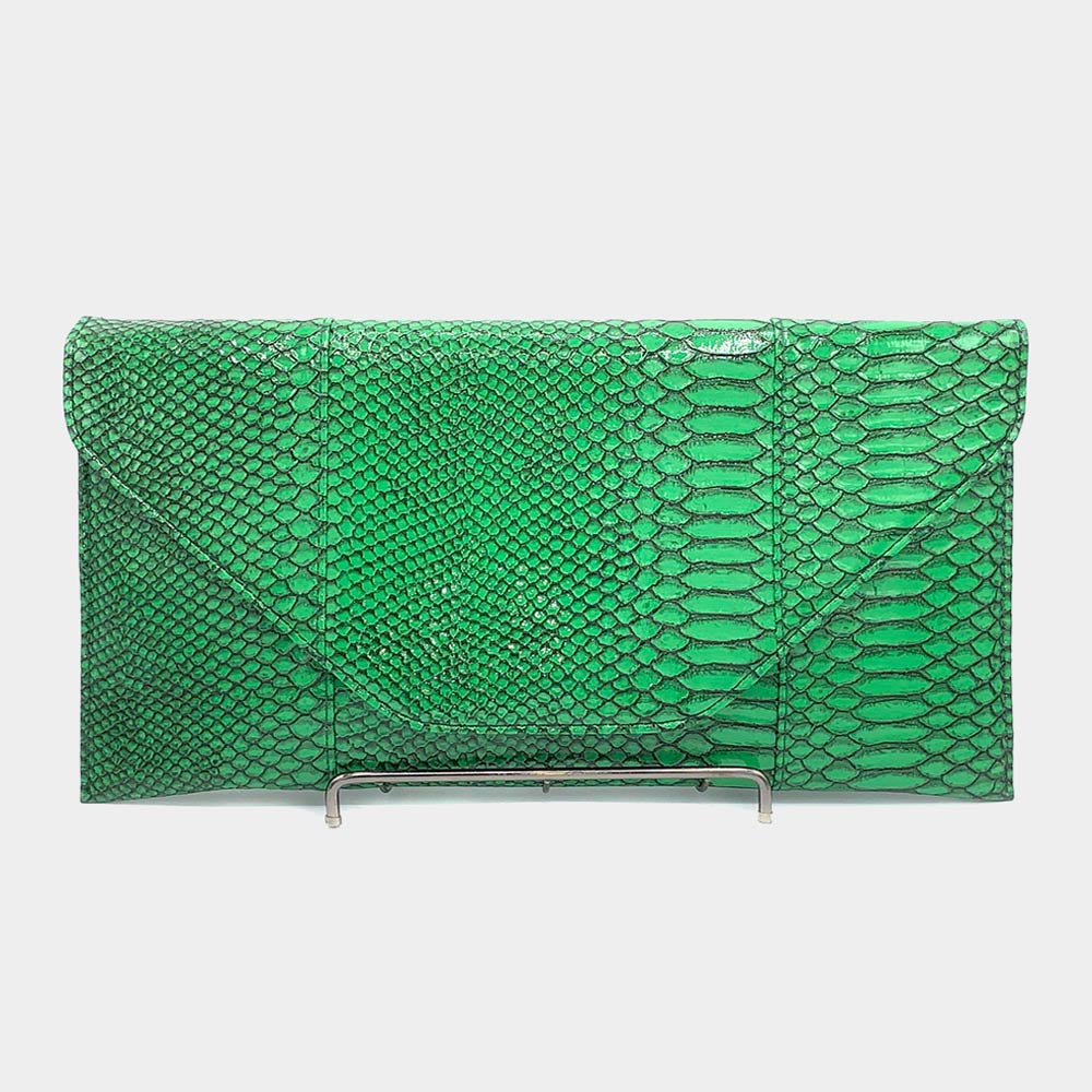 Faux Snake Skin Oversized Clutch, Green