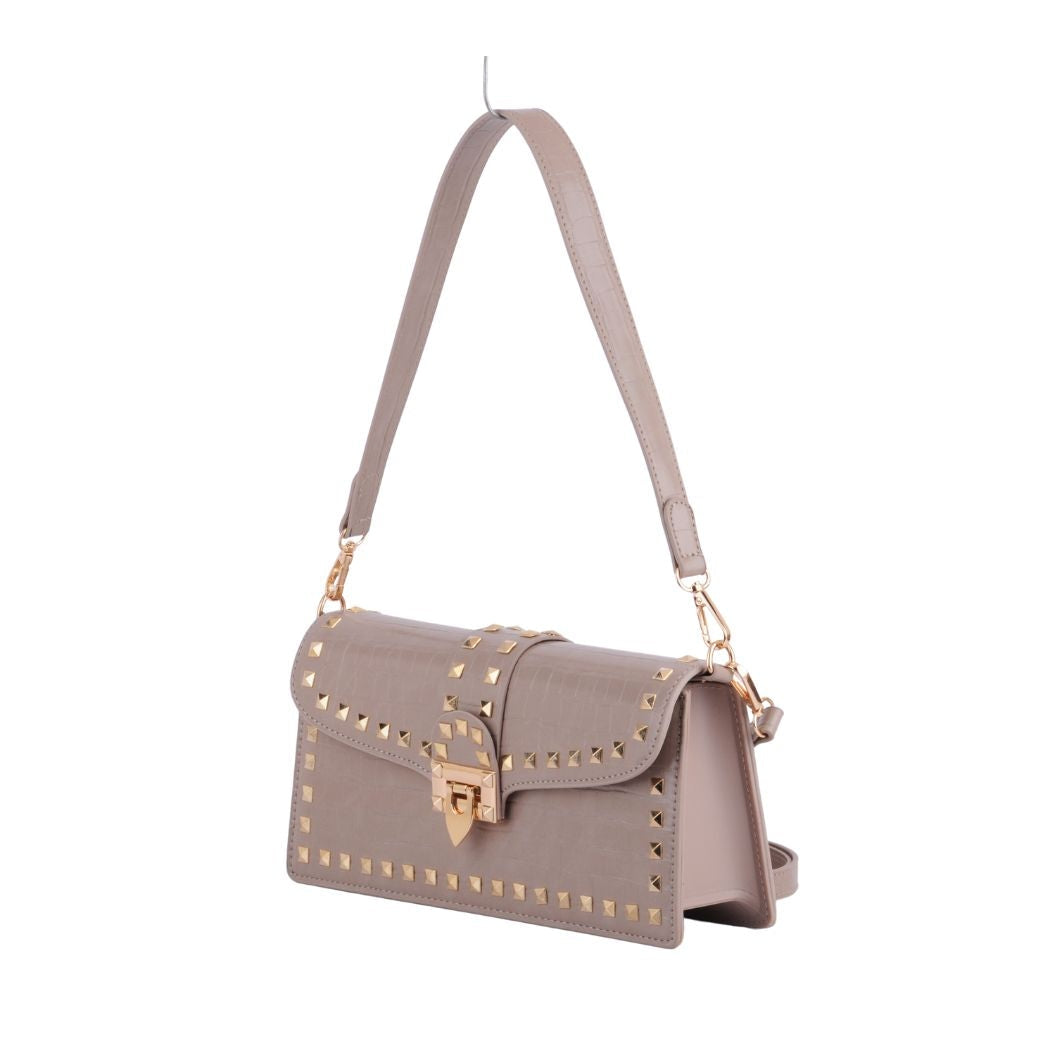 Studded Faux Croc Handbag, Taupe