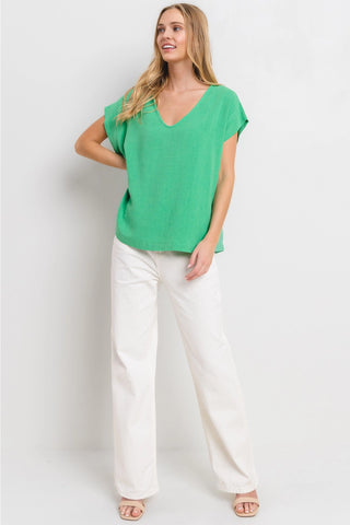 Kelly Green Short Sleeve Linen V-Neck Top