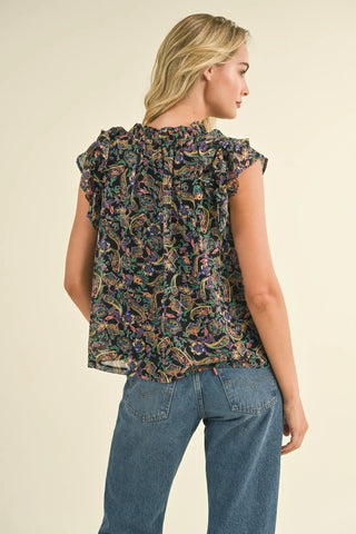 Layered Ruffle Sleeve Blouse Black Paisley Top