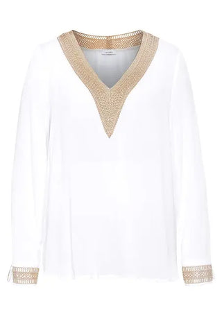 Lascana Women's Crochet Trim V-Neck Blouse White