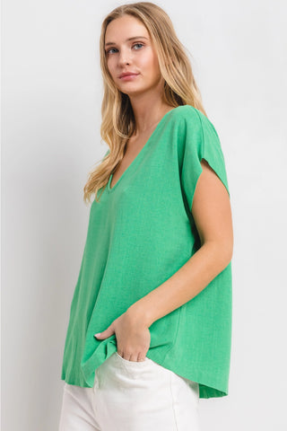 Kelly Green Short Sleeve Linen V-Neck Top