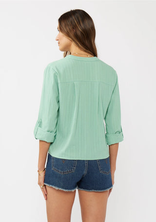 Tie Front Button Up Shirt with Roll Tab Sleeve - Seafoam Cotton