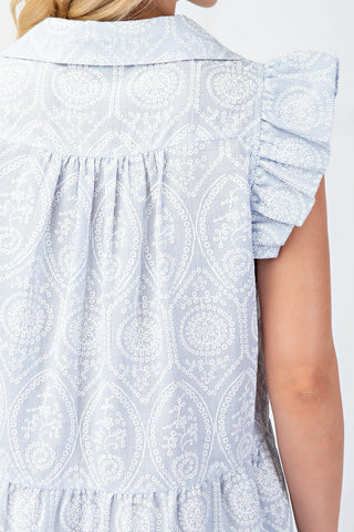 Blue Seersucker Tiered Dress with Collar and Puff Print Floral Texture