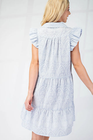 Blue Seersucker Tiered Dress with Collar and Puff Print Floral Texture