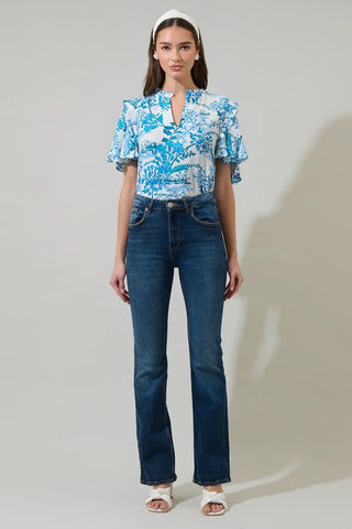 Sharron Bloom Collins Ruffle Top, WHITE-BLUE-COMBO