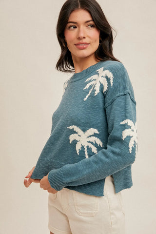 Palm Tree Motif Crop Sweater Teal