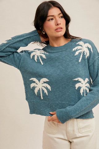 Palm Tree Motif Crop Sweater Teal