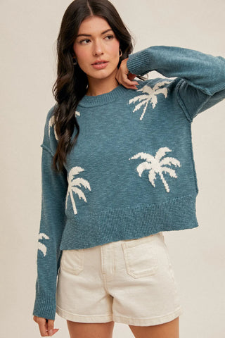 Palm Tree Motif Crop Sweater Teal