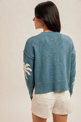 Palm Tree Motif Crop Sweater Teal