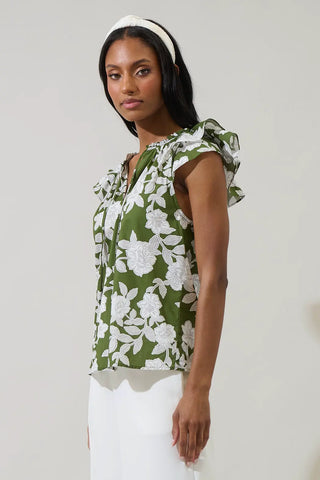 Haizley Floral Siya Ruffle Top, CREAM-GREEN