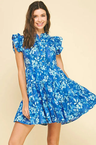 Blue Cotton Floral Ruffled Sleeve Tiered Mini Dress