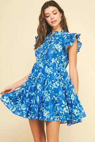 Blue Cotton Floral Ruffled Sleeve Tiered Mini Dress