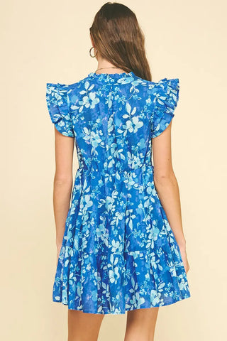 Blue Cotton Floral Ruffled Sleeve Tiered Mini Dress