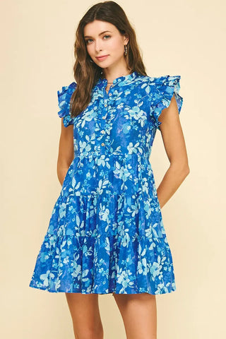 Blue Cotton Floral Ruffled Sleeve Tiered Mini Dress