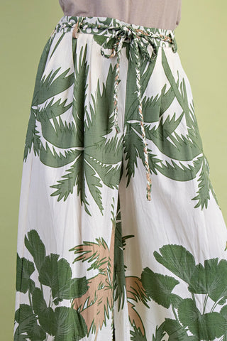 Tropical Palm Flowy Wide Leg Pants with Braided Rope Belt  Cream