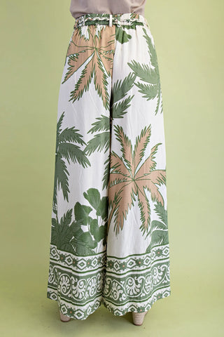 Tropical Palm Flowy Wide Leg Pants with Braided Rope Belt  Cream