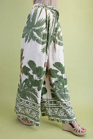 Tropical Palm Flowy Wide Leg Pants with Braided Rope Belt  Cream