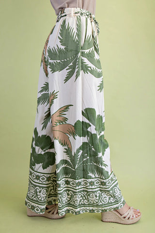 Tropical Palm Flowy Wide Leg Pants with Braided Rope Belt  Cream